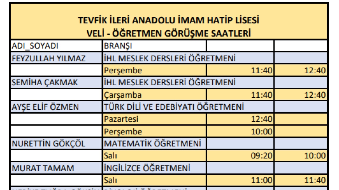 Veli-Öğretmen Görüşme Saatleri