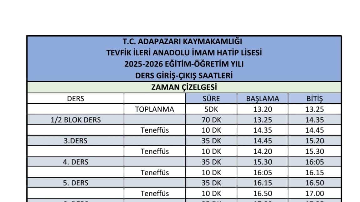 2025-2026 Eğitim-Öğretim Yılı Ders Giriş-Çıkış  Saatleri 